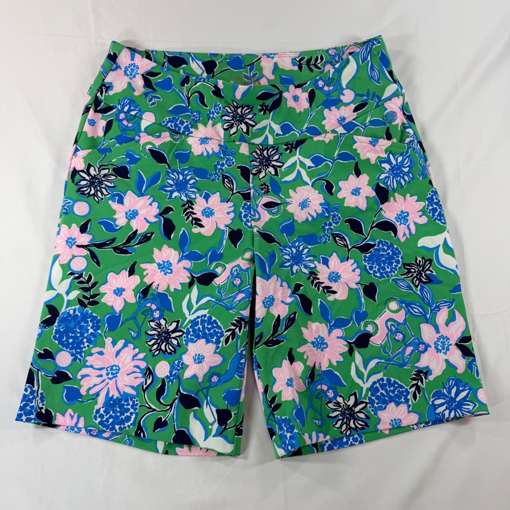 Lilly Pulitzer Luxletic Reid Golf Shorts Green Floral Pink Blue Size 6 Bermudas